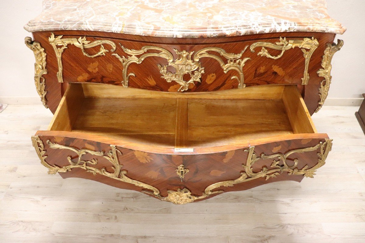 Antique Chest Of Drawers In Inlay Wood And Gilt Bronze With Marble Top-photo-3