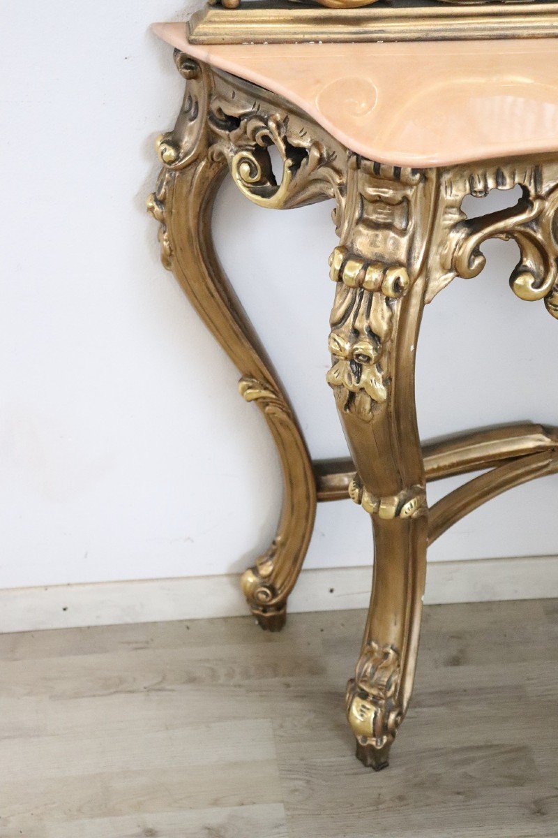 Table Console En Bois Sculpté Et Doré Avec Miroir-photo-4