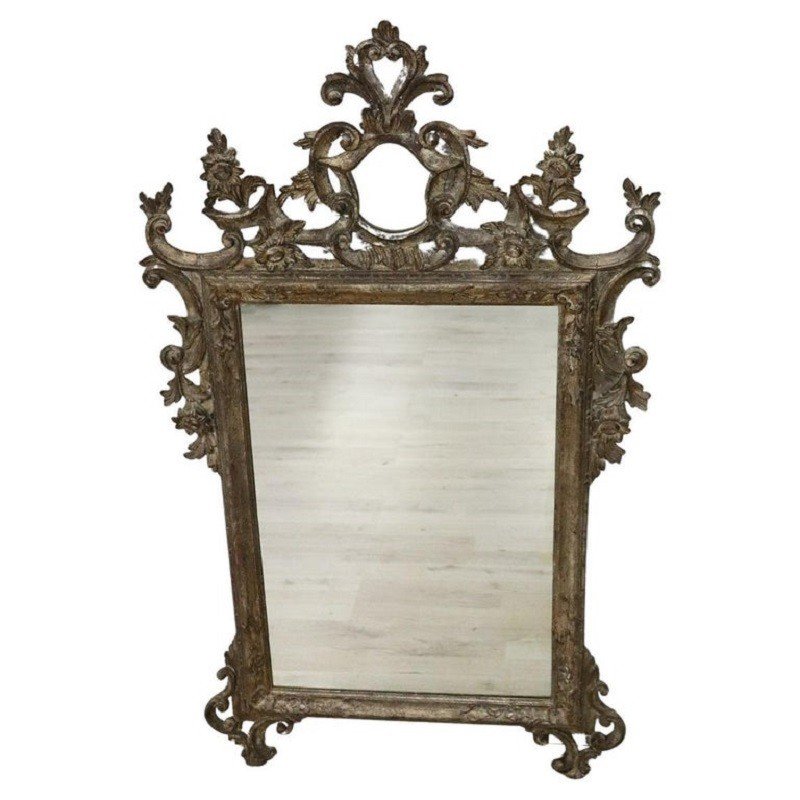 Carved & Silvered Wood Wall Mirror