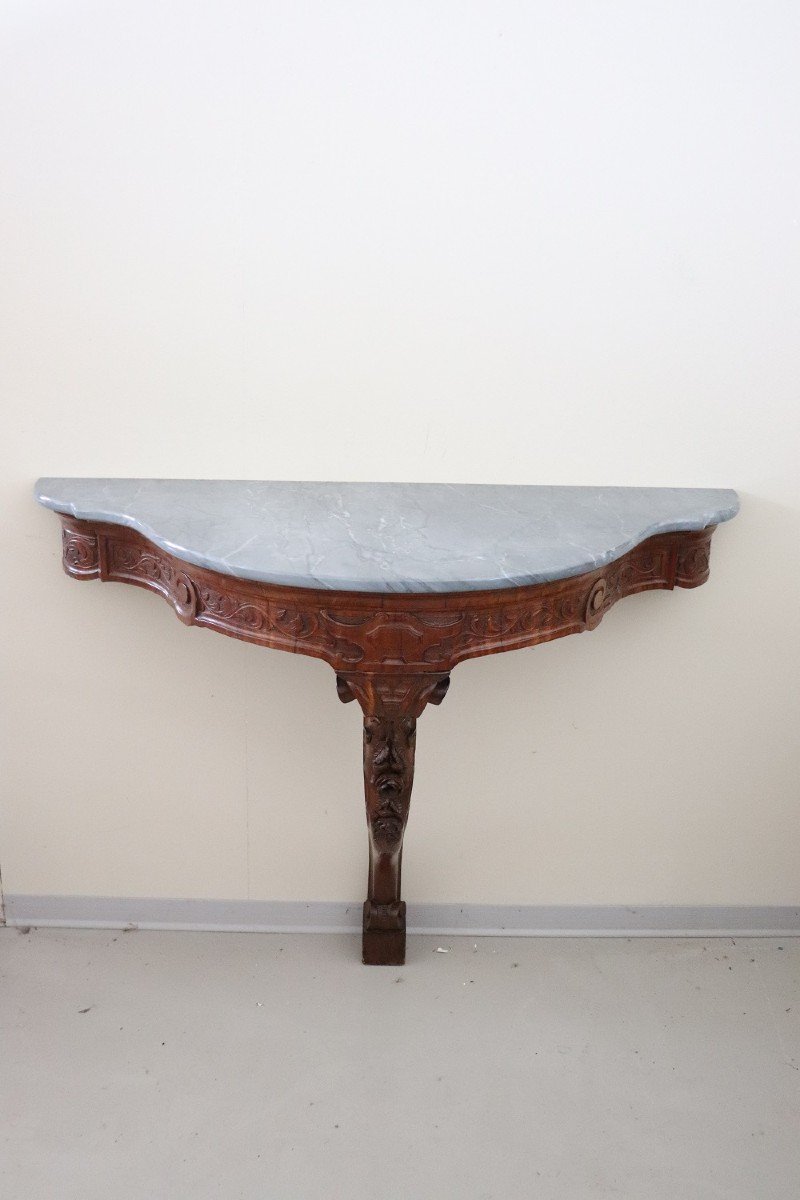 Antique Carved Wood Console Table With Marble Top, 19th Century-photo-3