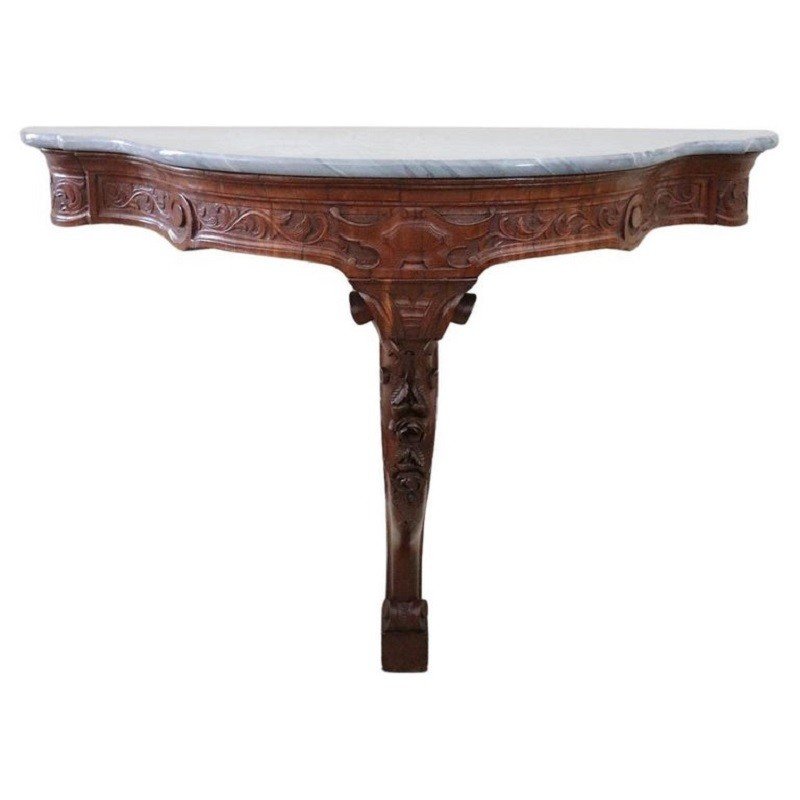 Antique Carved Wood Console Table With Marble Top, 19th Century