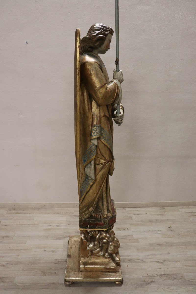 Grande Sculpture d'Ange En Bois Sculpté, 19ème Siècle-photo-6