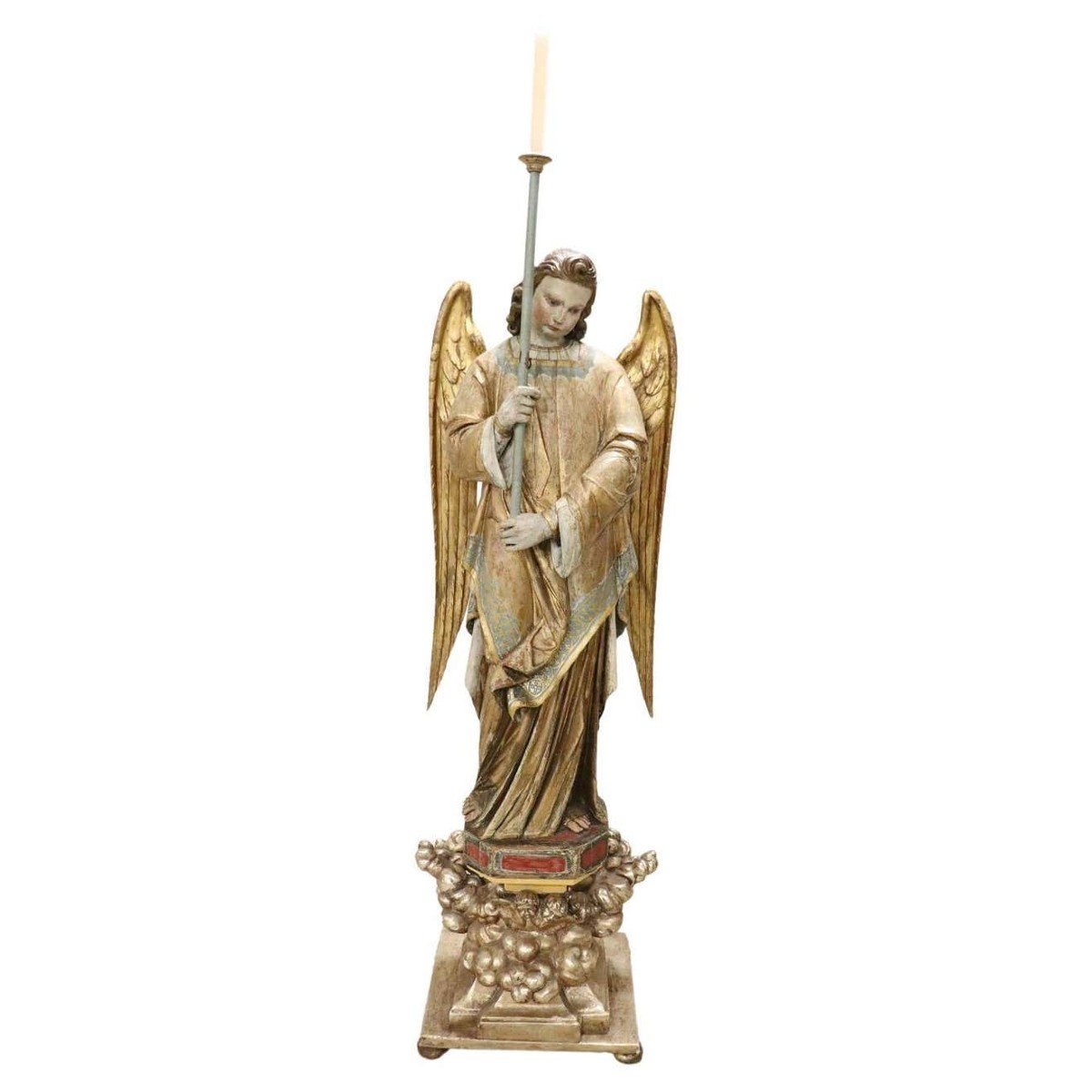 Grande Sculpture d'Ange En Bois Sculpté, 19ème Siècle