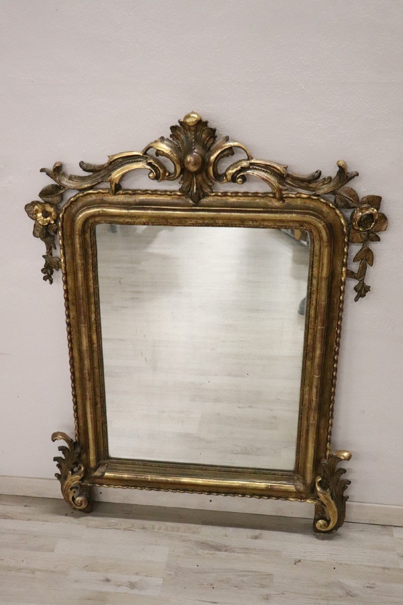 Antique Carved And Gilded Wood Wall Mirror, 19th Century-photo-3