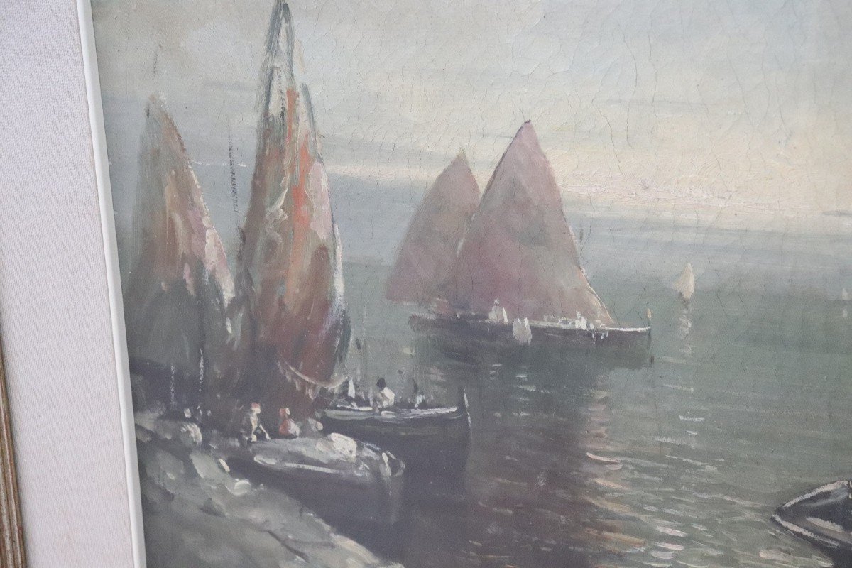 Oil On Canvas Painting Of Marina With Fishermen-photo-3
