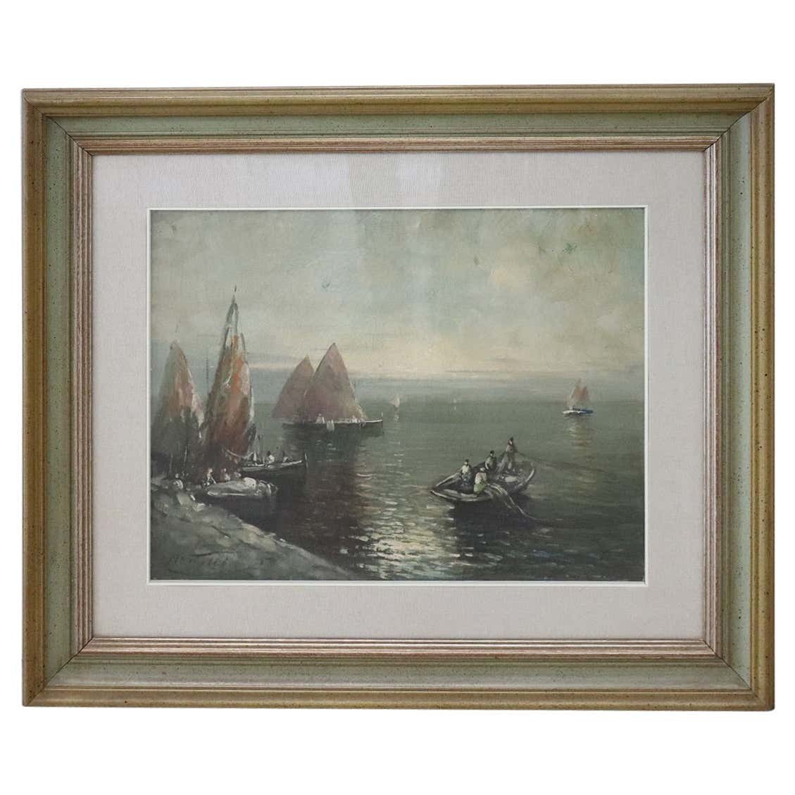 Peinture à l'Huile Sur Toile De Marina Avec Pêcheurs