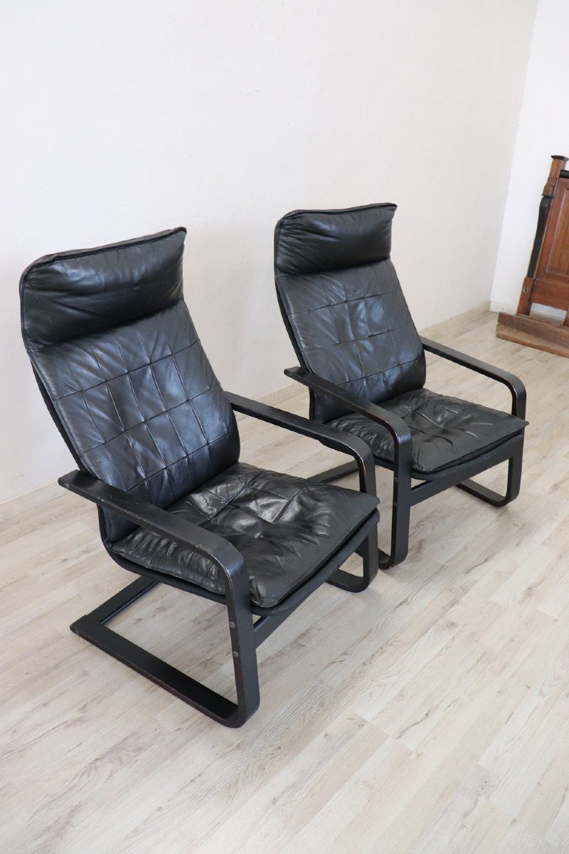 Black Leather Lounge Chairs, 1970s, Set Of 2-photo-2