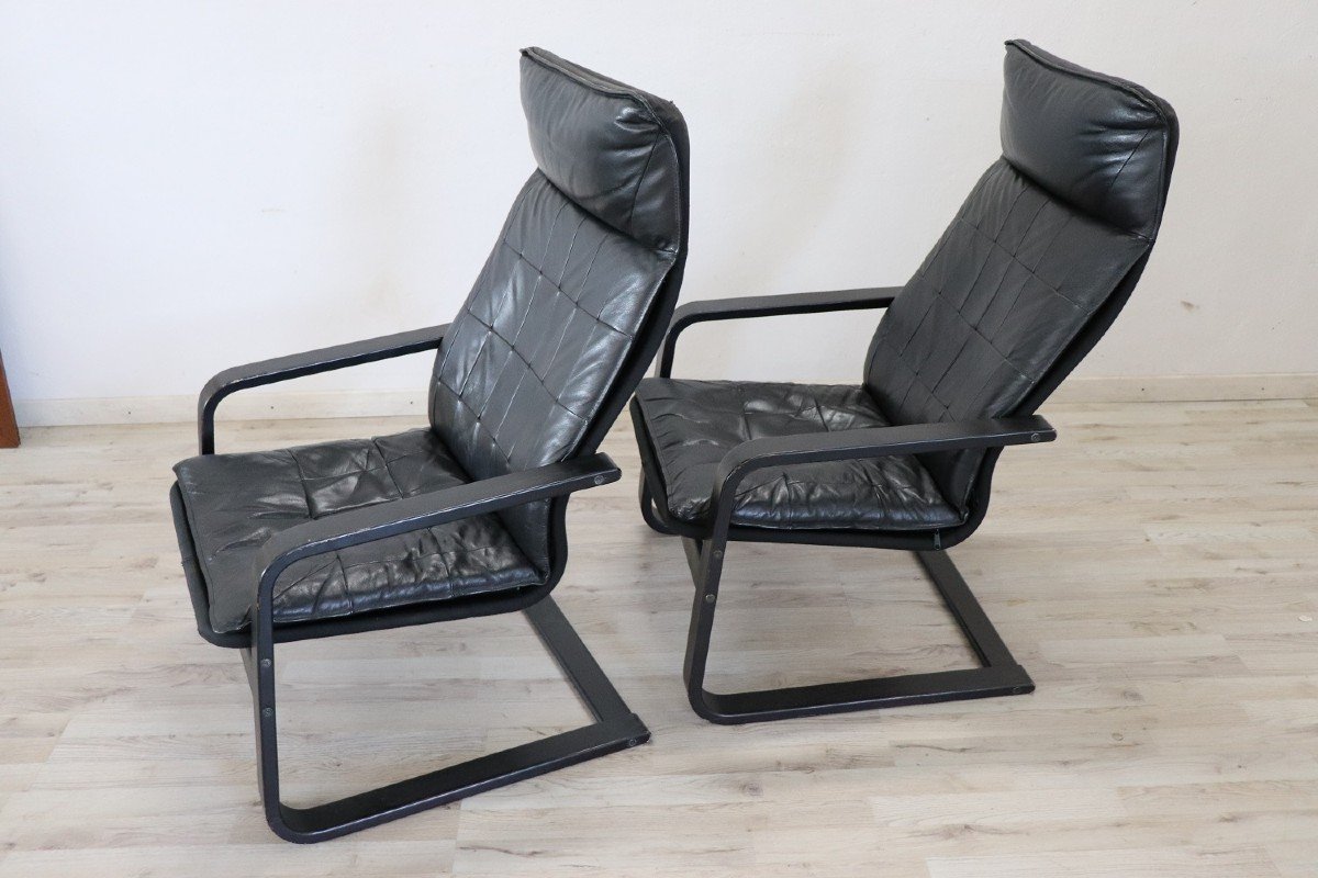 Black Leather Lounge Chairs, 1970s, Set Of 2-photo-4