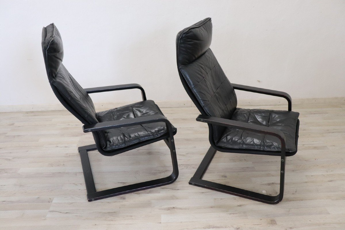 Black Leather Lounge Chairs, 1970s, Set Of 2-photo-8