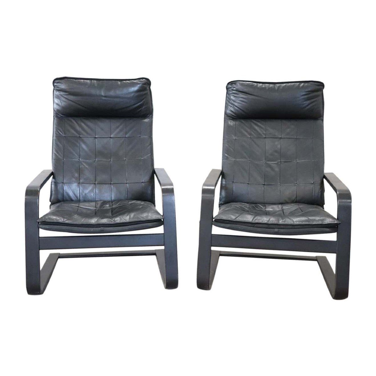 Black Leather Lounge Chairs, 1970s, Set Of 2