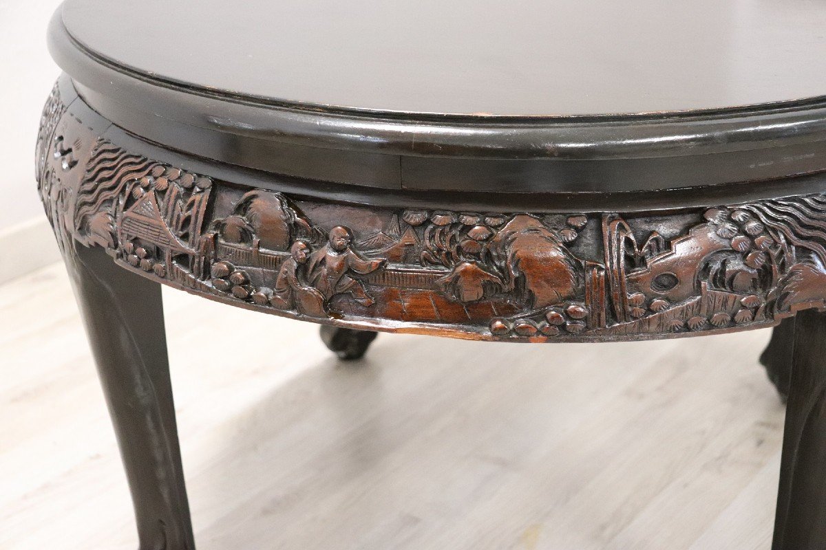 Vintage Carved Wood Round Sofa Table, 1930s-photo-2