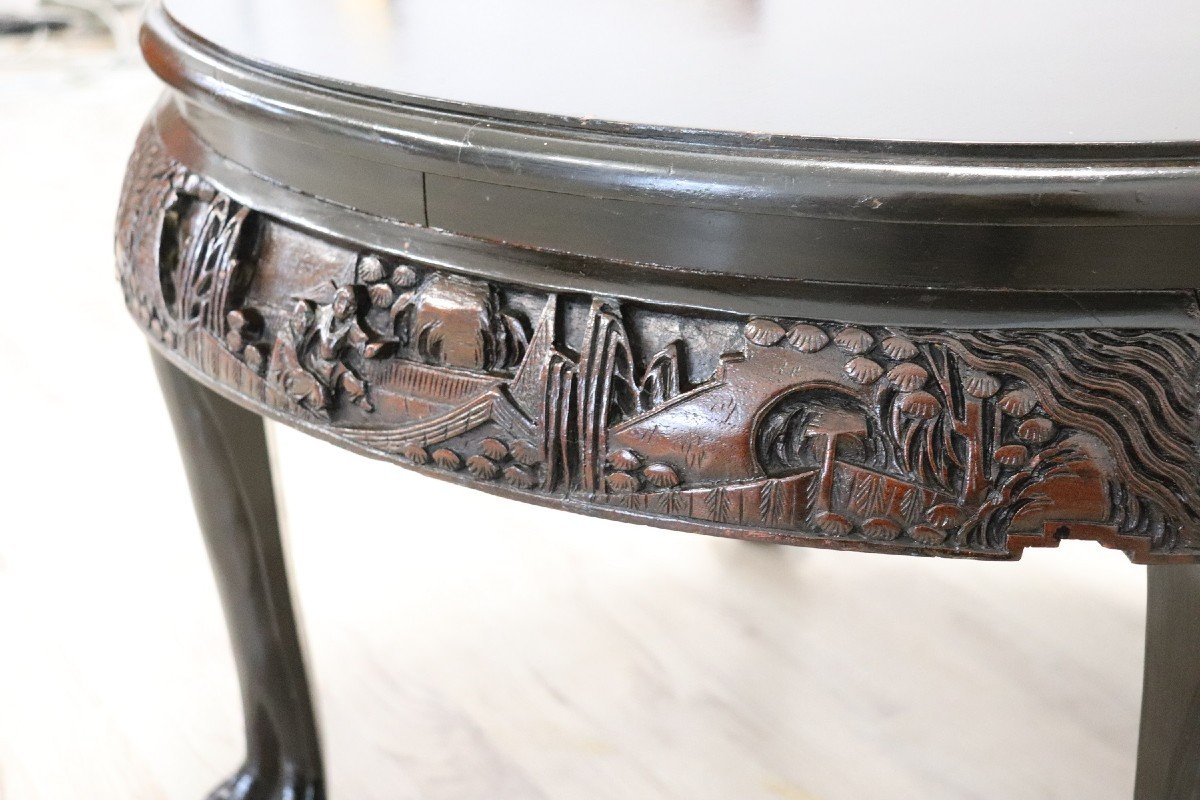 Vintage Carved Wood Round Sofa Table, 1930s-photo-3