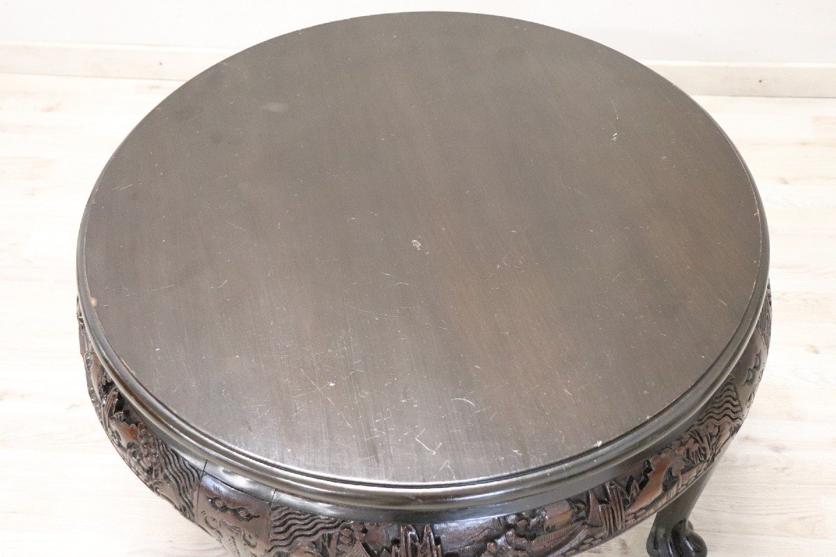 Vintage Carved Wood Round Sofa Table, 1930s-photo-1