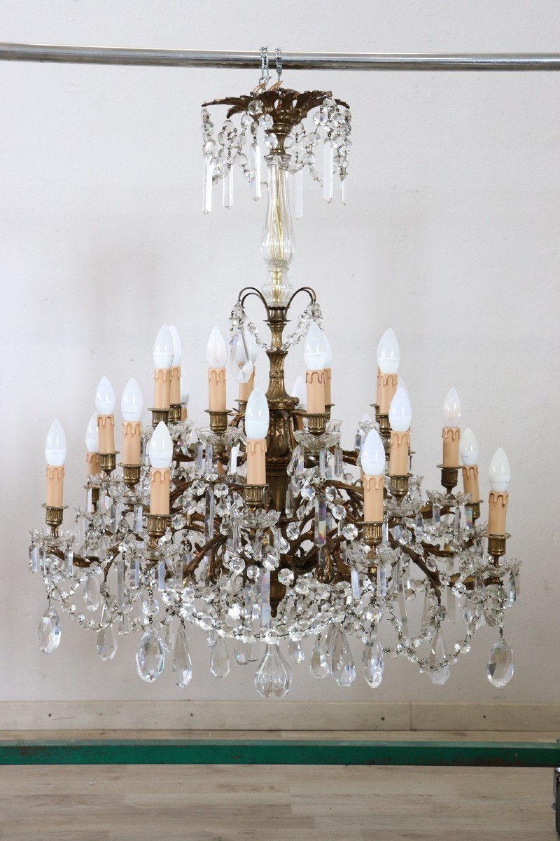 Large Bronze And Crystal Chandelier With 24 Bulbs-photo-3