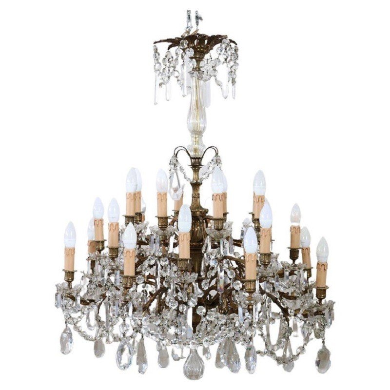 Large Bronze And Crystal Chandelier With 24 Bulbs