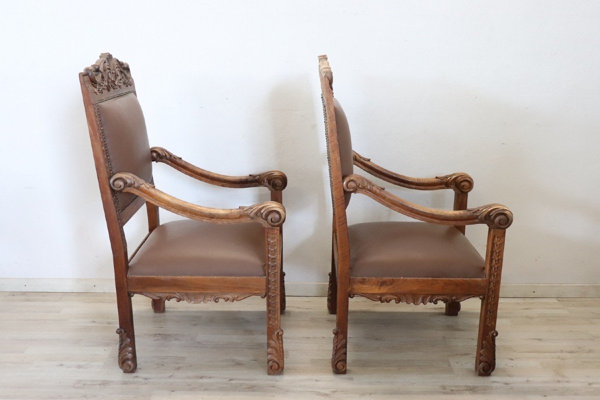 Late 19th Century Carved Walnut Throne Chairs, Set Of 2-photo-5