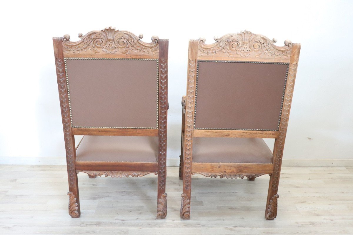 Late 19th Century Carved Walnut Throne Chairs, Set Of 2-photo-6