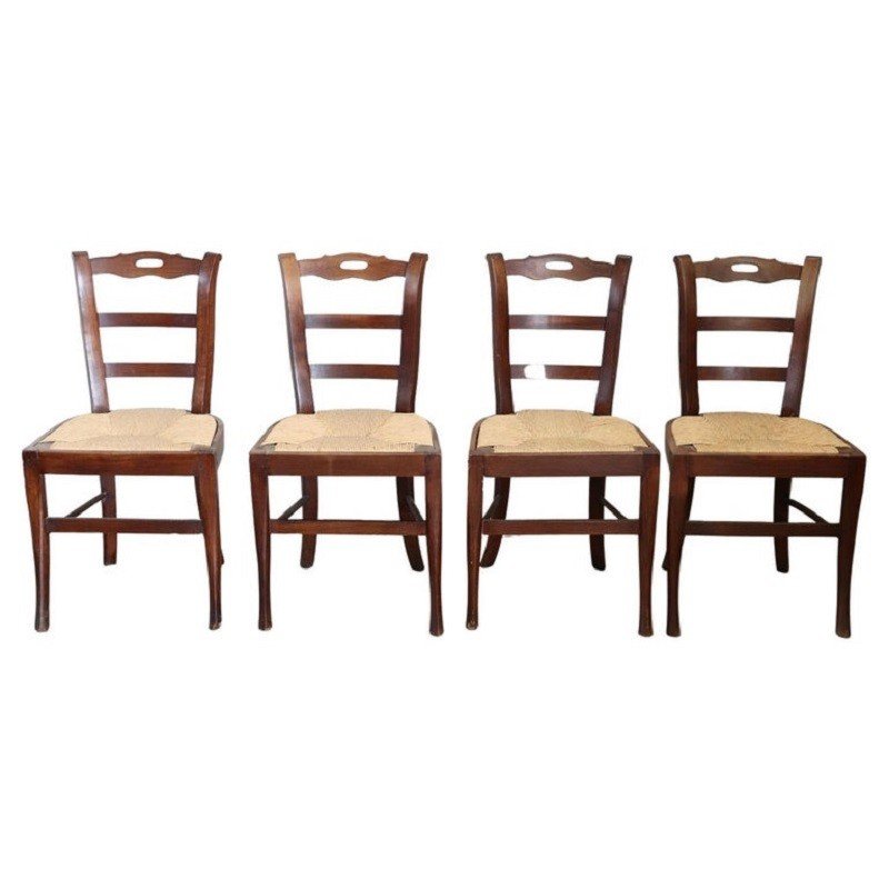 Antique Dining Chairs In Cherry Wood With Straw Seat, Set Of 4