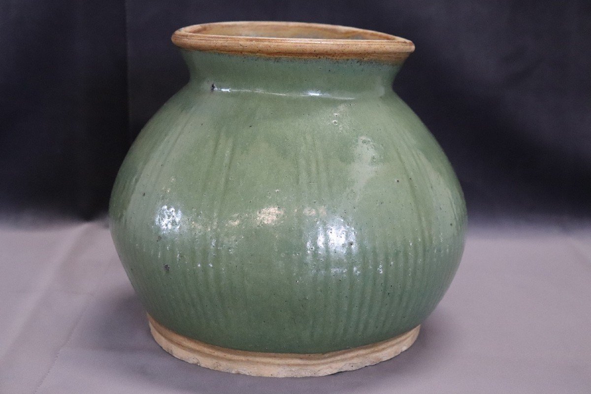 Pot En Grès Céladon Avec Détail Cannelé, Chine Ming Dynasty-photo-2