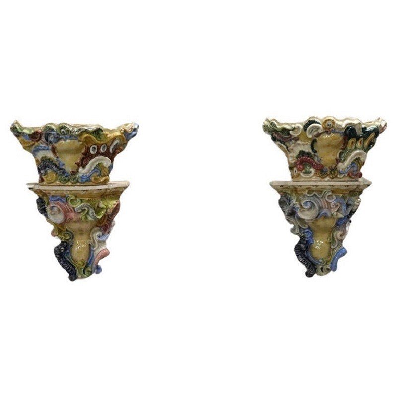 étagères En Majolica Avec Vase, Fin Du 19ème Siècle
