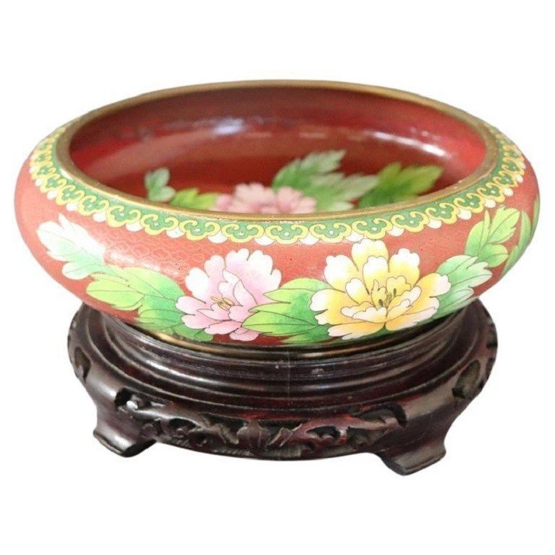 Bol Cloisonné Sur Support En Bois, 1980s