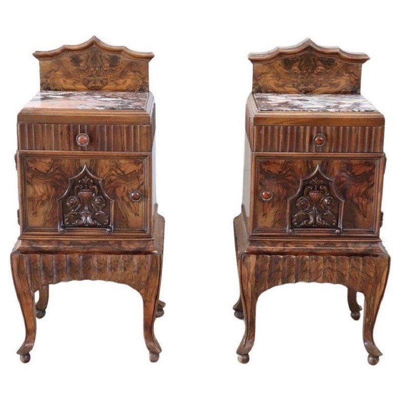 Art Deco Nightstands With Marble Tops, Set Of 2