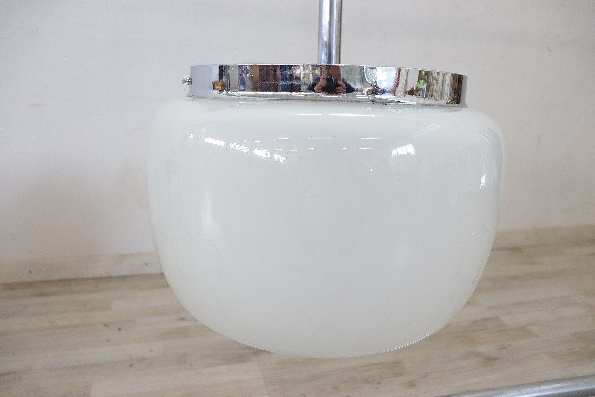 Opaline Glass And Chrome Pendant Light, 1960s-photo-4