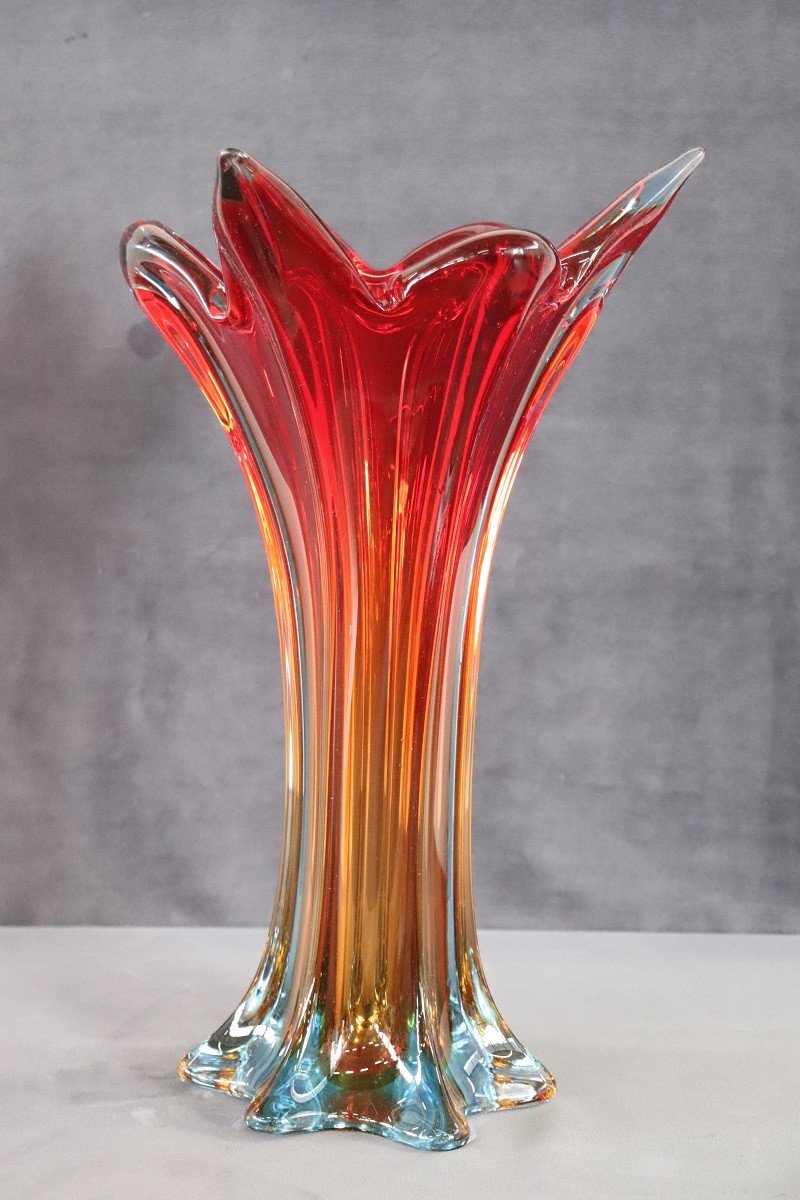 Vintage Italian Red Tall Vase In Murano Art Glass, 1960s-photo-2