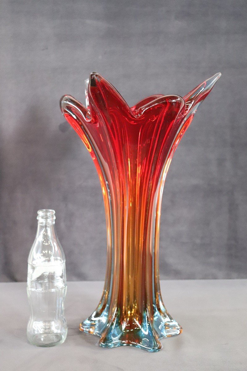 Vintage Italian Red Tall Vase In Murano Art Glass, 1960s-photo-3