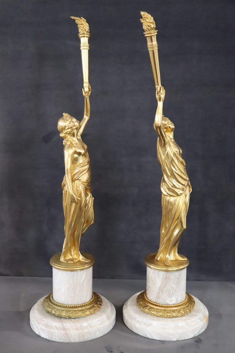 Sculptural Figures, Gilt Bronze On Alabaster Bases, Early 20th Century, Set Of 2-photo-7