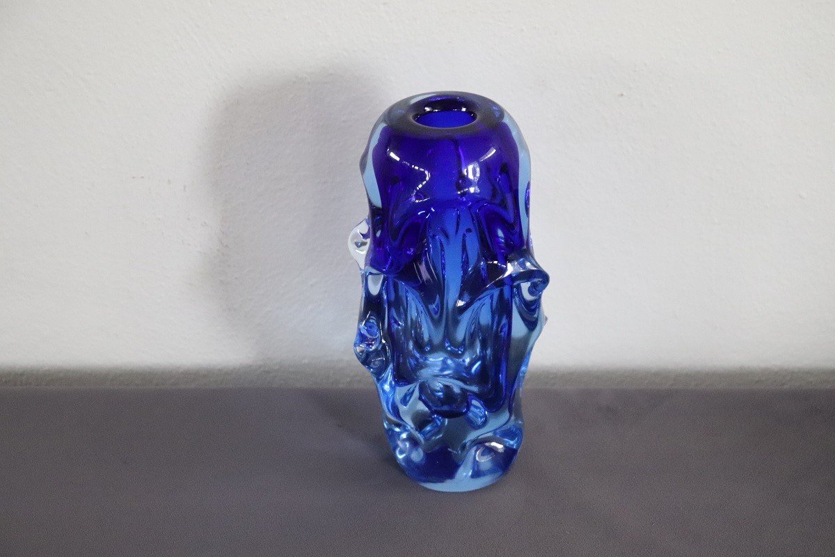 Vase Bleu En Verre Soufflé Attribué à Börne Augustsson, 1940s-photo-4