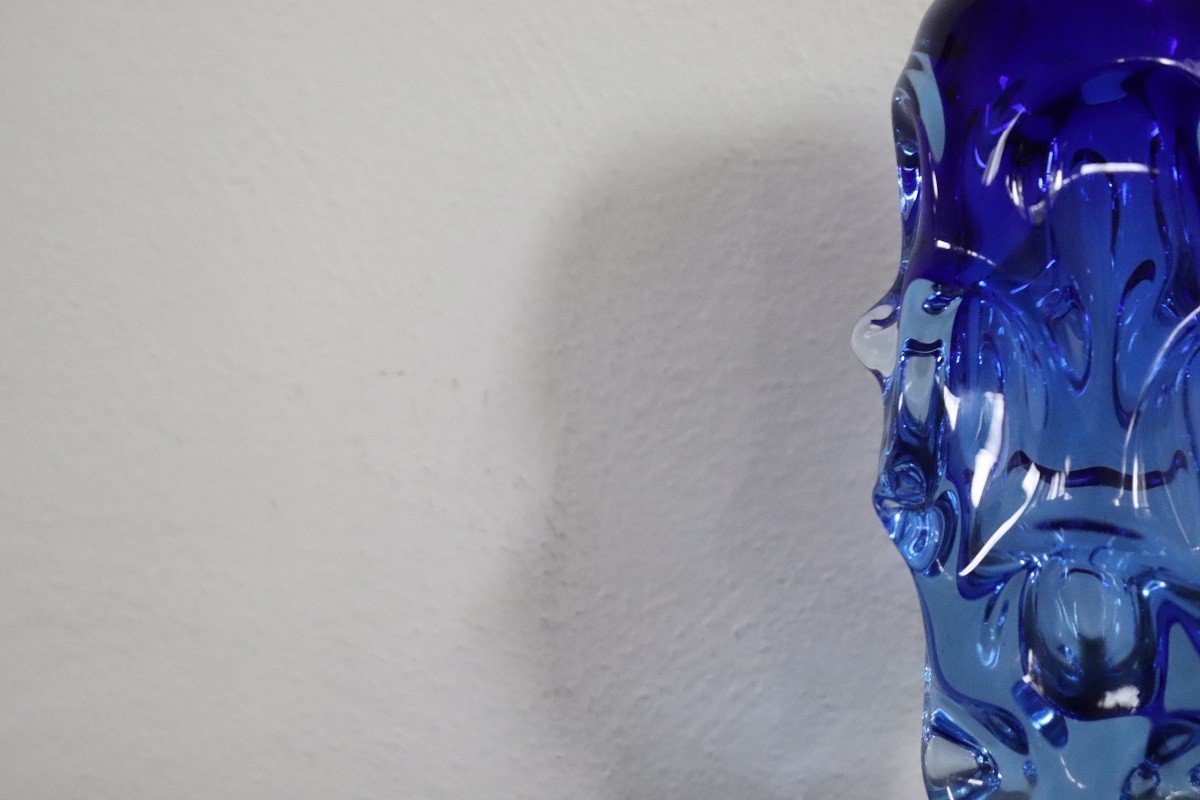 Vase Bleu En Verre Soufflé Attribué à Börne Augustsson, 1940s-photo-5