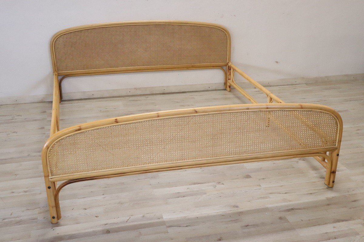 Lit Double En Bambou Et Paille De Vienne, 1980s-photo-2