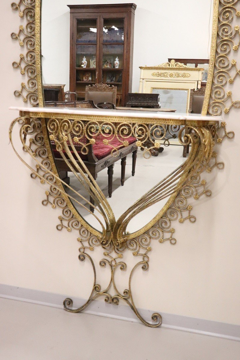Oval Floor Mirror In Iron With Consolle Table In Marble Attributed To Pier Luigi Colli, 1950s-photo-2