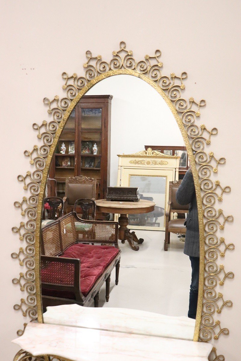 Oval Floor Mirror In Iron With Consolle Table In Marble Attributed To Pier Luigi Colli, 1950s-photo-3