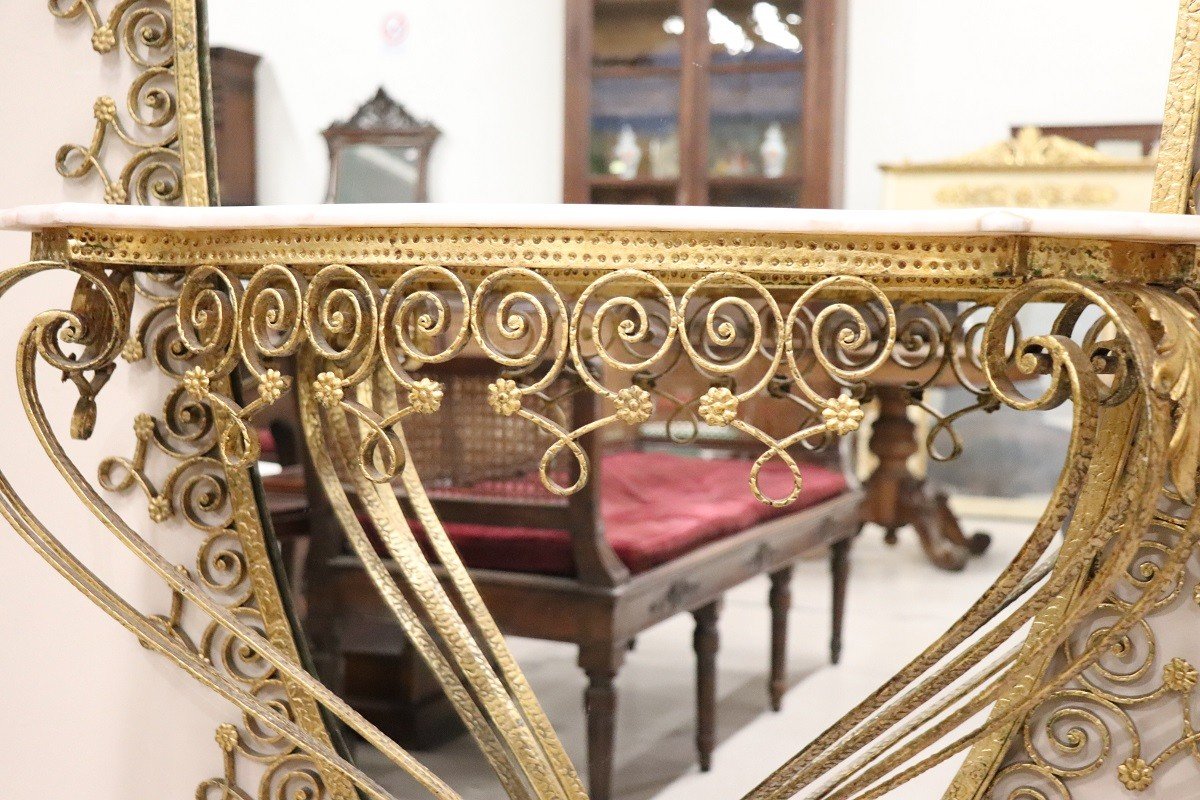 Oval Floor Mirror In Iron With Consolle Table In Marble Attributed To Pier Luigi Colli, 1950s-photo-3