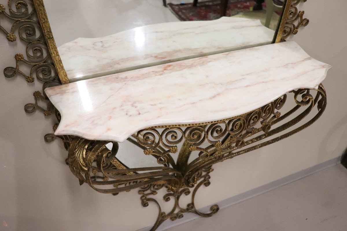 Oval Floor Mirror In Iron With Consolle Table In Marble Attributed To Pier Luigi Colli, 1950s-photo-6