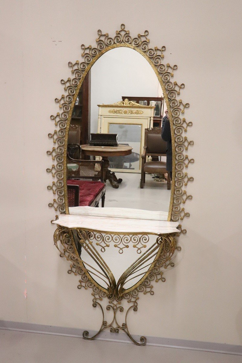 Oval Floor Mirror In Iron With Consolle Table In Marble Attributed To Pier Luigi Colli, 1950s-photo-7