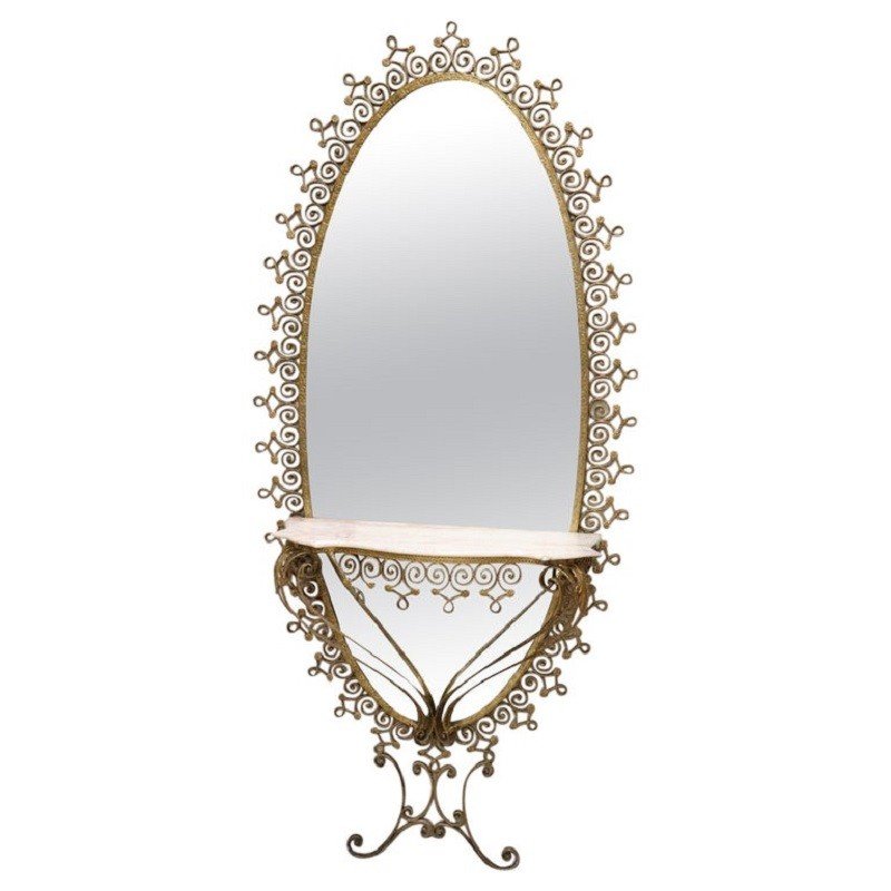 Oval Floor Mirror In Iron With Consolle Table In Marble Attributed To Pier Luigi Colli, 1950s