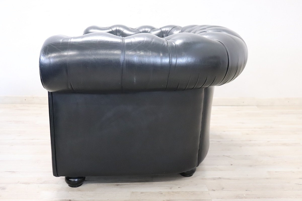 Set Of Sofa And Armchair In Black Leather, 1980s-photo-8