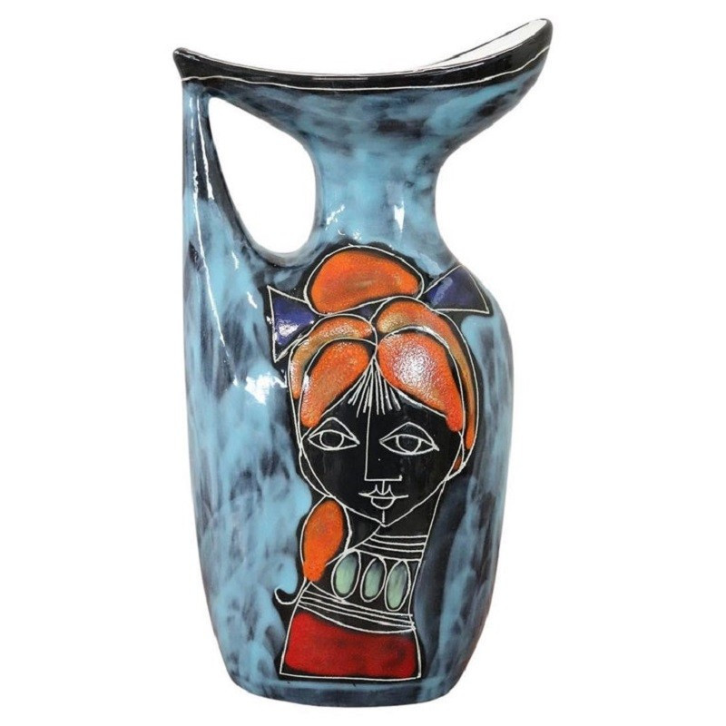 Vase En Céramique Avec Décoration Visage De Fille, 1960s