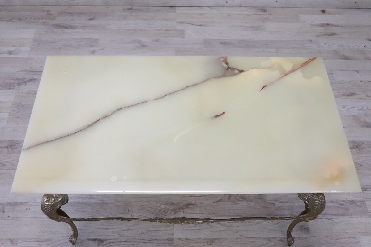 Coffee Table In Gilded Bronze With Onyx Top, 1970s-photo-3