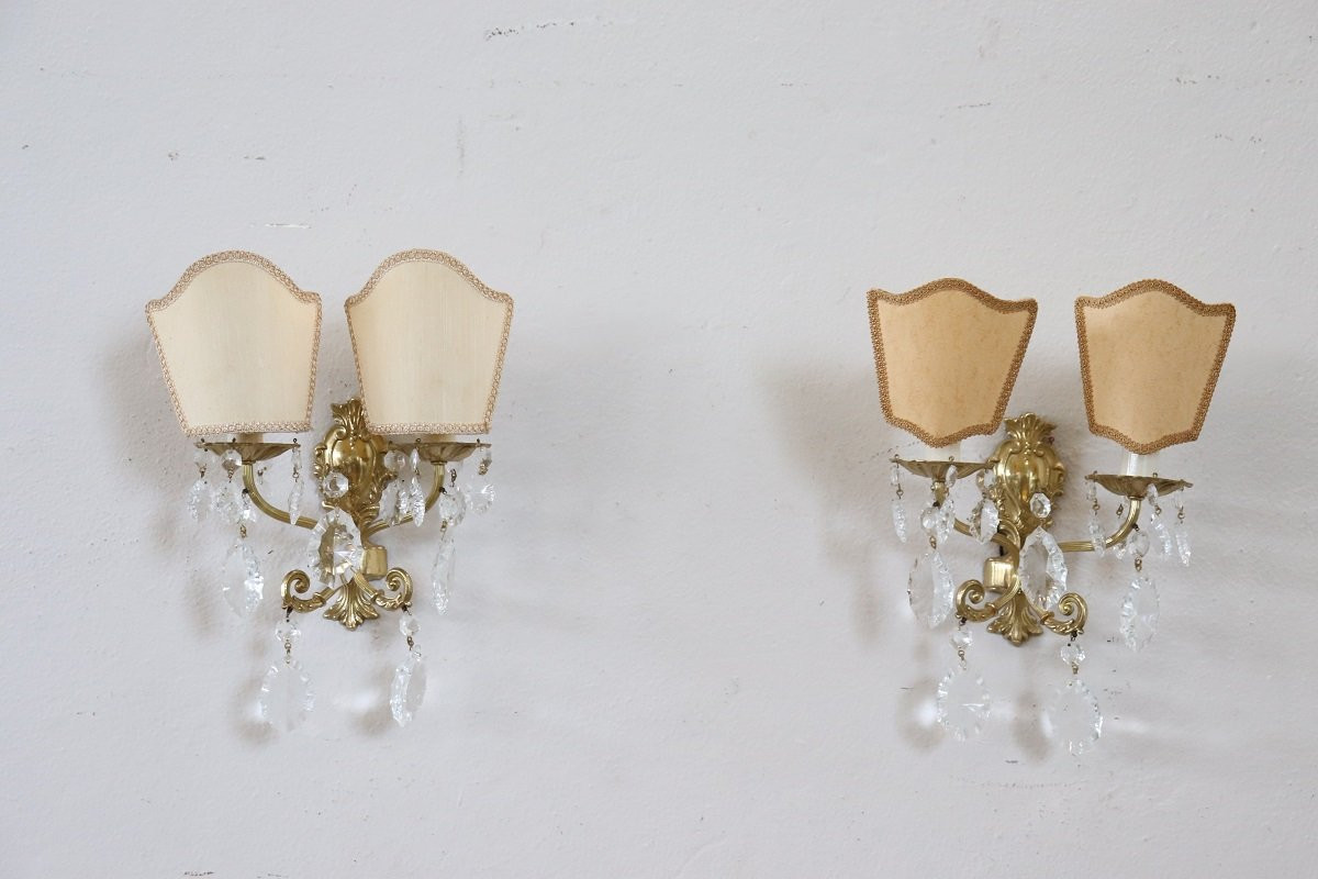 Appliques En Bronze Doré Et Cristal, 1980s, Set De 2-photo-1
