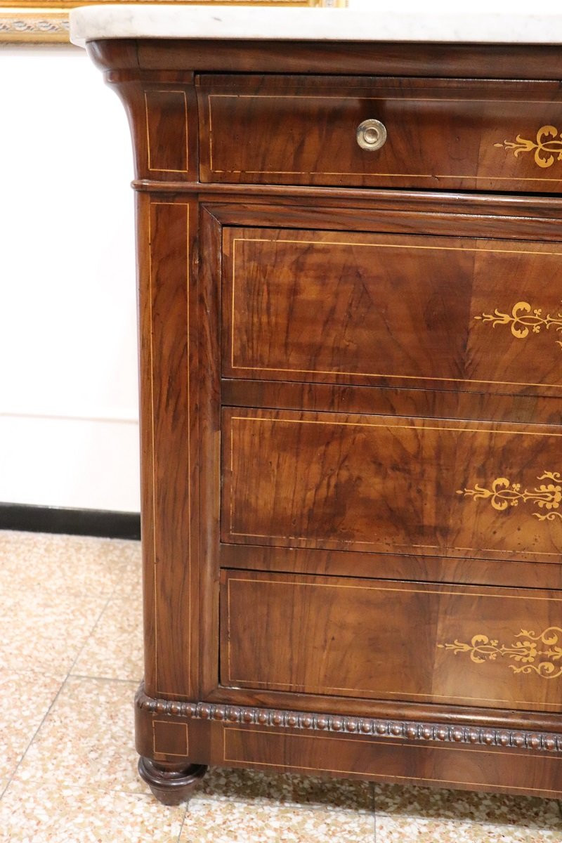 Antique Chest Of Drawers In Inlaid Walnut With Marble Top, 19th Century-photo-2