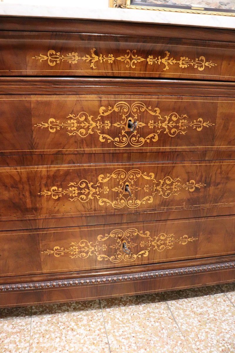 Antique Chest Of Drawers In Inlaid Walnut With Marble Top, 19th Century-photo-3