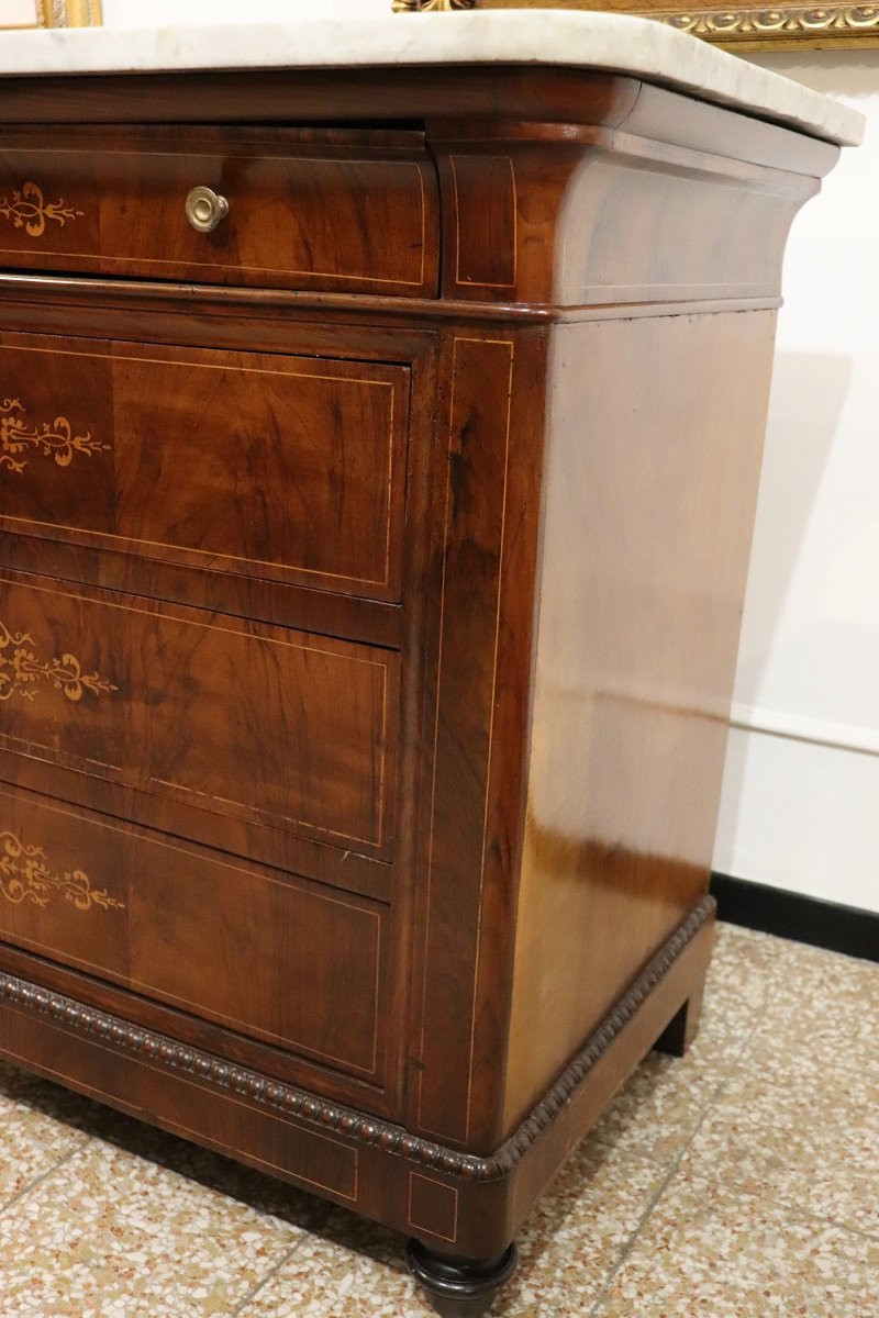 Antique Chest Of Drawers In Inlaid Walnut With Marble Top, 19th Century-photo-4