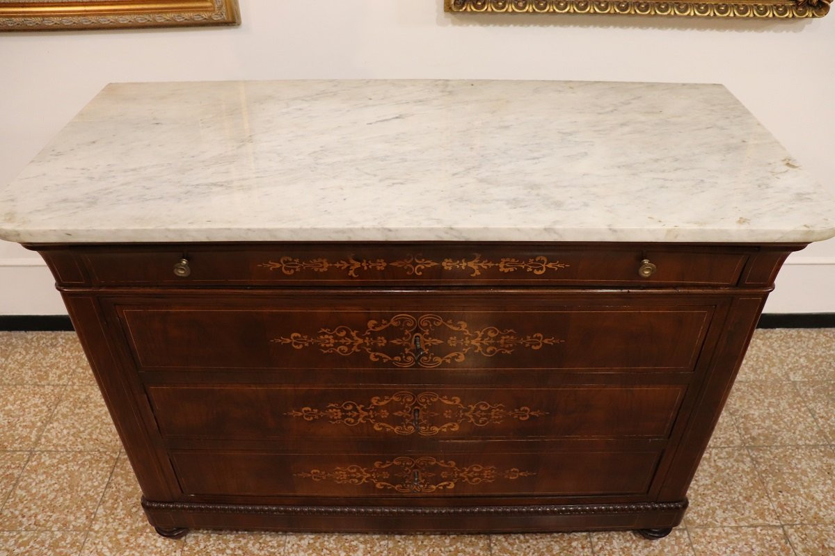 Antique Chest Of Drawers In Inlaid Walnut With Marble Top, 19th Century-photo-2