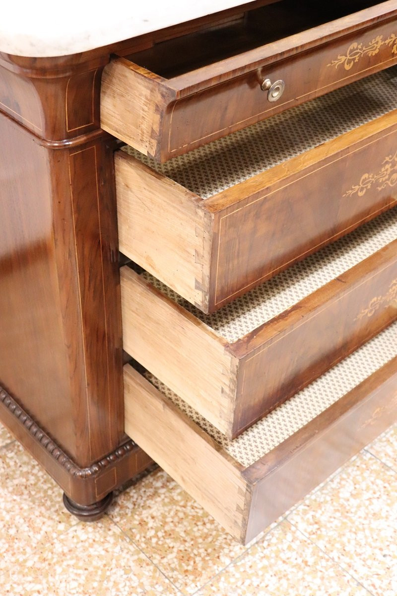 Antique Chest Of Drawers In Inlaid Walnut With Marble Top, 19th Century-photo-4