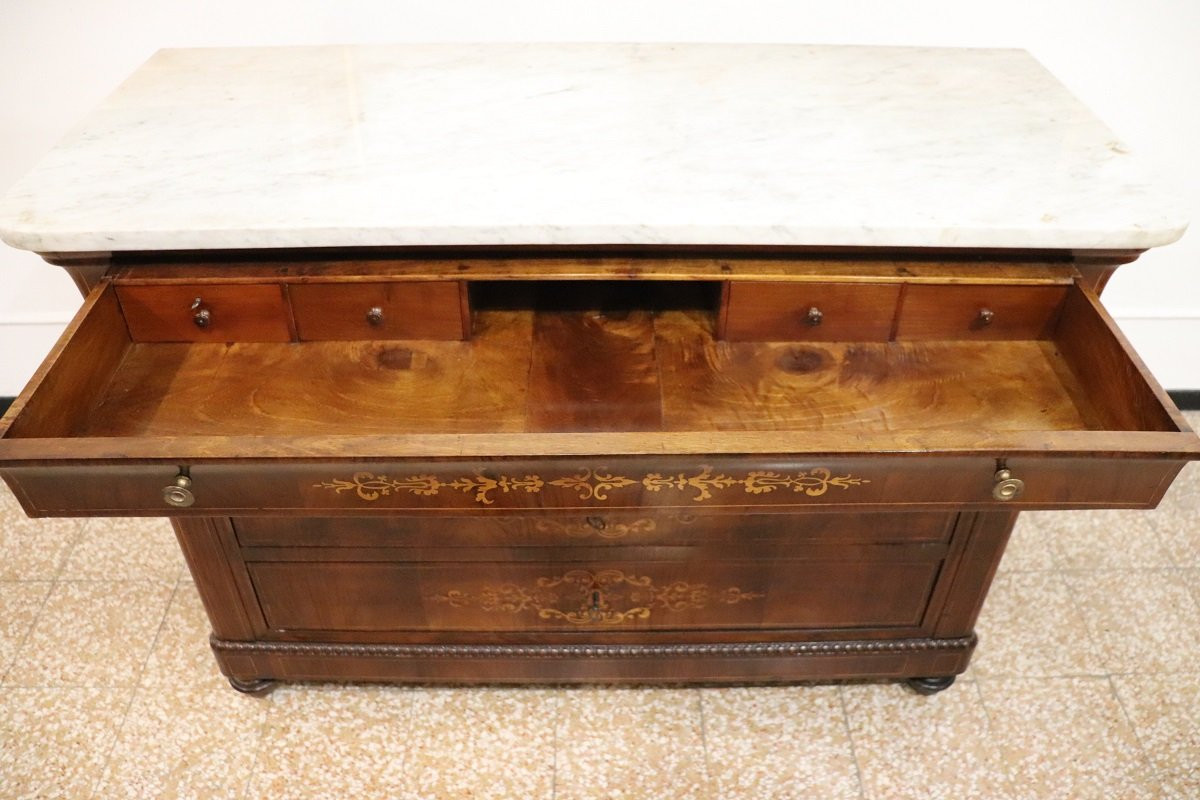 Antique Chest Of Drawers In Inlaid Walnut With Marble Top, 19th Century-photo-5