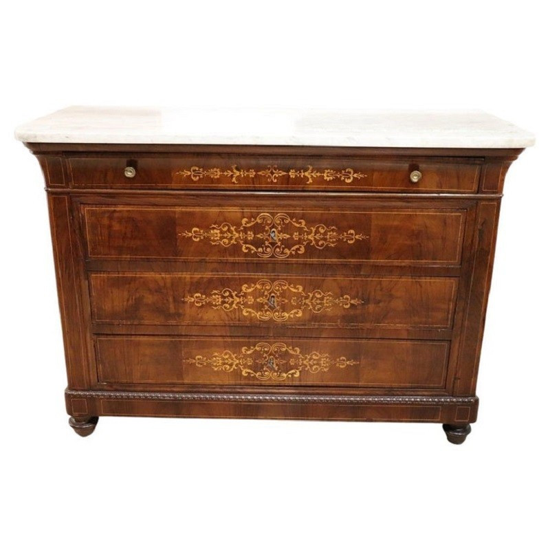 Antique Chest Of Drawers In Inlaid Walnut With Marble Top, 19th Century